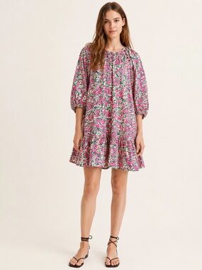 Zara Pink Floral Puff Sleeve Mini Dress S Oversized Cotton